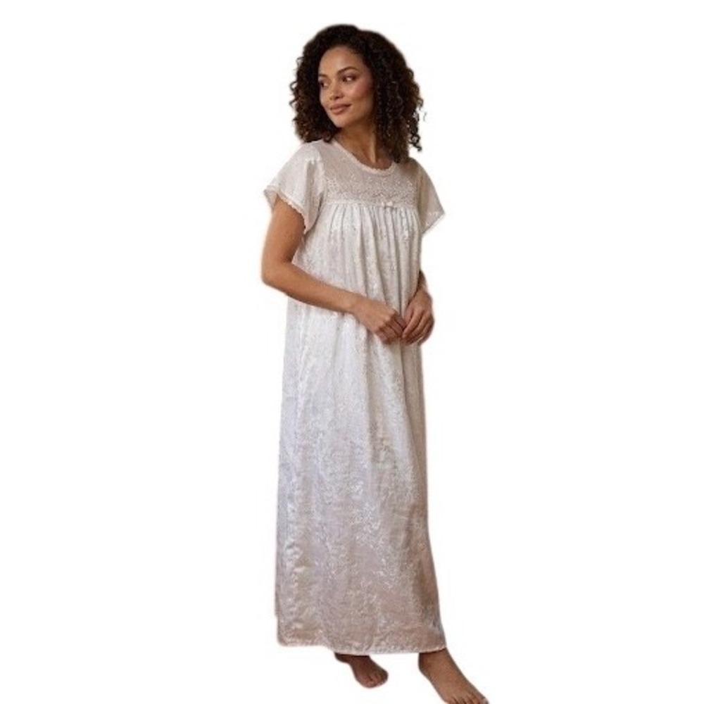 Oscar‎ de la Renta White Satin Floral Embroidered Lace Maxi Nightgown Medium
